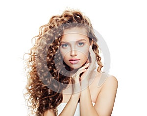 Healthy woman with clear skin and perfect curly hair