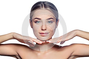 Healthy woman. Face lift anti-aging lines on young female face. Graphic lines showing facial lifting effect on skin.