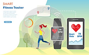 Healthy woman jogging with smart phone and watch tracking heart rate and running distances.