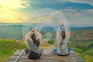 Healthy woman lifestyle balanced practicing meditate and zen energy yoga outdoors on the bridge in morning the mountain nature.