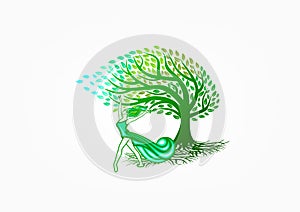 Healthy woman logo, nature relax symbol, tree spa icon, beauty massage, fashion care, female lifestyle and happy wellness concept