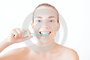 Healthy woman teeth and smile. Isolated over white background. Dental clinic.