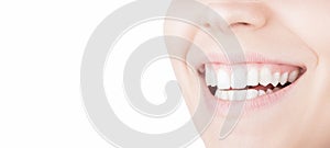 Healthy woman teeth and smile. Isolated over white background. Dental clinic.