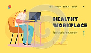 Healthy Workplace Landing Page Template. Spinal Curvature, Back Ache, Scoliosis Prevention. Wrong Position during Work