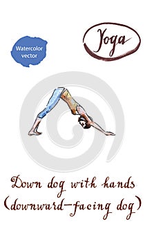 Healthy yoga stretching woman does a downward facing dog