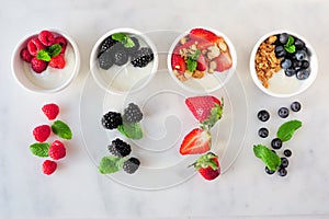 Healthy yogurt bowls with assorted berries and granola, top view with ingredients over white marble