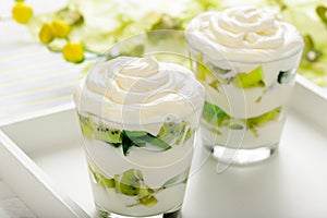 Healthy yogurt dessert with kiwi fruit, jell and cream in glass.
