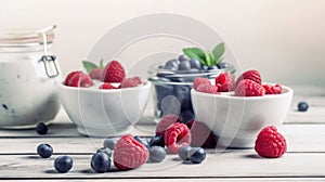 Healthy yogurt with fresh blueberries and raspberries. Banner with side border against a white wood background. Copy space,