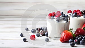 Healthy yogurt with fresh blueberries and raspberries. Banner with side border against a white wood background. generative ai