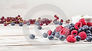 Healthy yogurt with fresh blueberries and raspberries. Banner with side border against a white wood background. generative ai