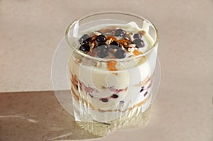 Healthy yogurt with mix of berry, sunflower seeds, bran and honey for healthy morning meal