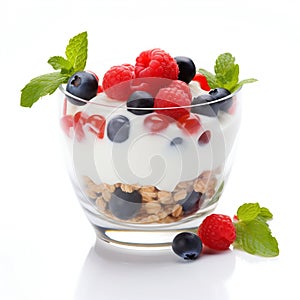 Healthy Yogurt with Muesli and Fresh Berries. Generative ai
