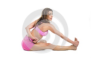 Healthy young fitness personal trainer woman warm up before sport training. Active lifestyle female isolated on white.