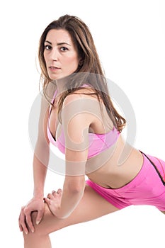 Healthy young fitness personal trainer woman warm up before sport training. Active lifestyle female isolated on white.