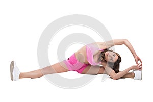 Healthy young fitness personal trainer woman warm up before sport training. Active lifestyle female isolated on white.