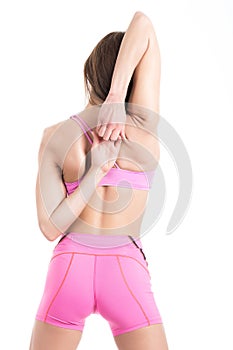 Healthy young fitness personal trainer woman warm up before sport training. Active lifestyle female isolated on white.