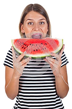 Healthy young woman eating watermelon