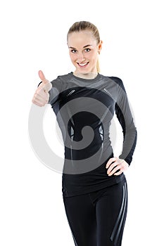 Healthy young woman thumbs up sign isolated on white background