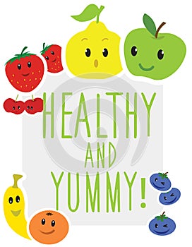 Healthy and yummy cartoon fruit poster on white