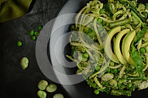 Healthy Zucchini Noodles with Basil pesto, Beans, Brussels Sprouts and Avocado.