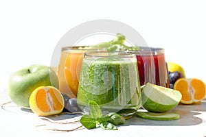 Healty beverage,drink, green smoothie, orange juice - smothie and grape juice