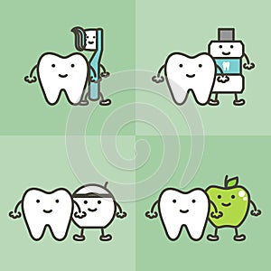 Healty tooth and best friends toothbrush, toothpaste, mouthwash, floss and apple, dental care and hygiene concept