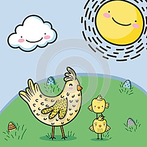 Heand with chickens and easter eggs decoration