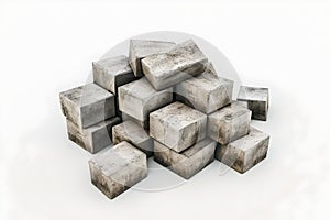 Heap of 3D rendered stone cubes on a plain white background. simple, abstract, and versatile image for multiple uses