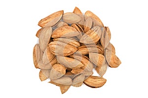 Heap of almond nuts isolated on white background. Unpeeled almonds close-up. Nuts pile. Top view