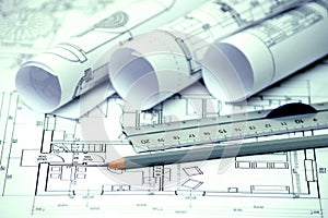 Heap of architectural design and project blueprints drawings of