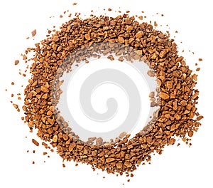 Heap of aromatic instant coffee isolated on white background, top view. Freeze-dried granulated instant coffee