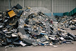 heap of assorted electronic waste in a recycling plant
