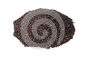 Heap of black quinoa isolated on white background. Front views, close-up