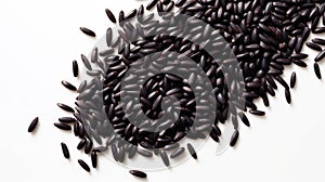 Heap of black rice grains on white background. Top view. Black rice texture. Suitable for food and nutrition related