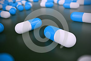 Heap of blue white round capsule pills with medicine antibiotic in packages on black background. 3d illustration