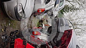 A Heap of broken cars. Ecological disaster concept. Stack of used car. Dump