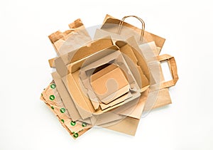 Heap of brown paper, prepared for recycling. Reduce, Reuse and Recycle concept. Flat lay