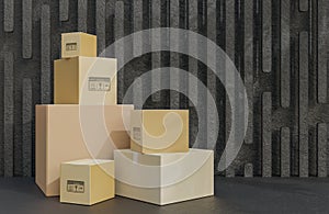 Heap of cardboard boxes for the delivery of goods, parcels on black stone background.,3d model and illustration