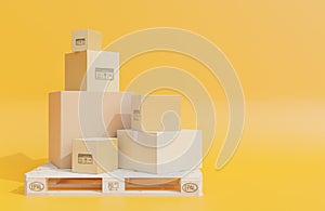 Heap of cardboard boxes for the delivery of goods on wooden pallet, parcels on yellow background.,3d model and illustration