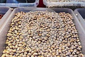 Heap of chickpea or chick pea as background in a legume shop photo