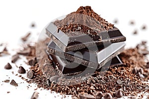 Heap of chopped and ground chocolate pieces isolated on white for baking and confectionery design