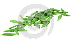 Heap of chopped spring onions isolated on white background, top view. Sliced fresh green onion. Scallion