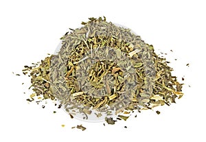 Heap of chopped tarragon leaves on white background