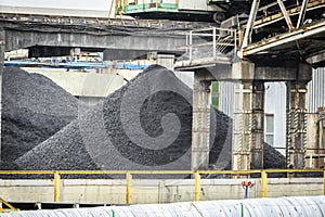 Heap of coal in the mine among mining infrastructure