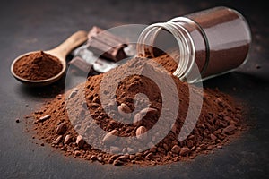 Heap of cocoa powder with cocoa beans