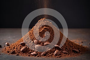 Heap of cocoa powder with cocoa beans