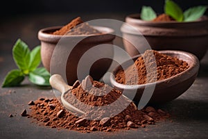 Heap of cocoa powder with cocoa beans