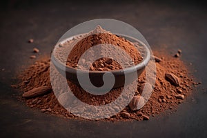 Heap of cocoa powder with cocoa beans