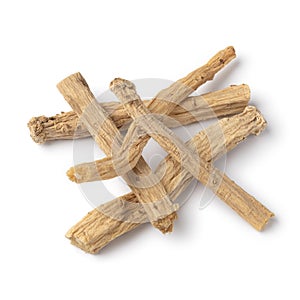 Heap of Codonopsis pilosula, Dangshen, roots close up on white background