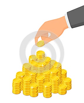Heap of coins and a hand that puts a coin on top of it, savings concept